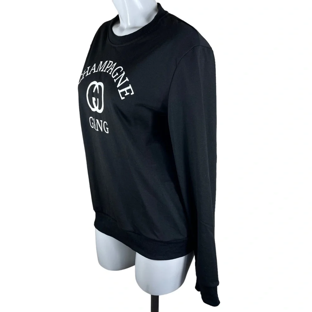 "Champagne Gang" Lightweight Black and White Long Sleeve Sweatshirt Size Large - Picture 3 of 6